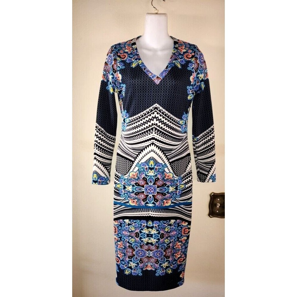 Women's Nice Fire Los Angeles Bodycon Blue White Midi Dress Size M